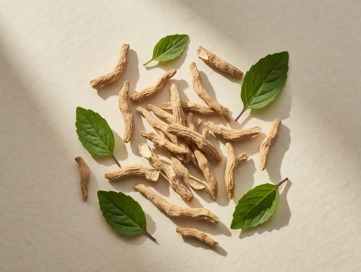 Dried adaptogenic plant roots and herbs on a cream surface