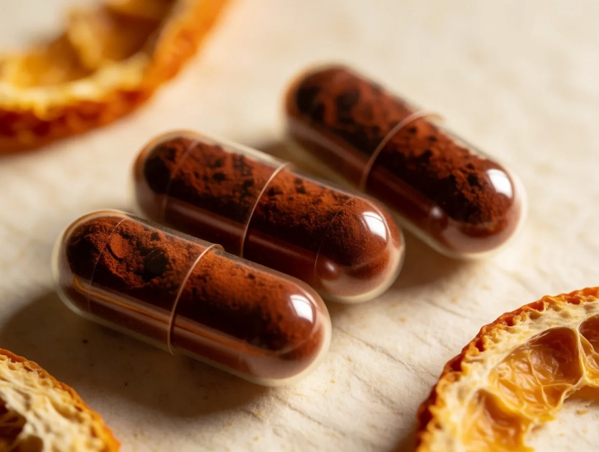Antioxidant formula capsules on a cream paper surface