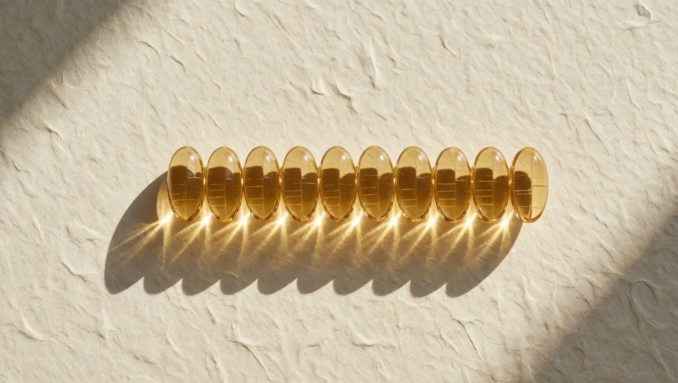 Natural wellness supplement capsules arranged on a cream paper editorial surface