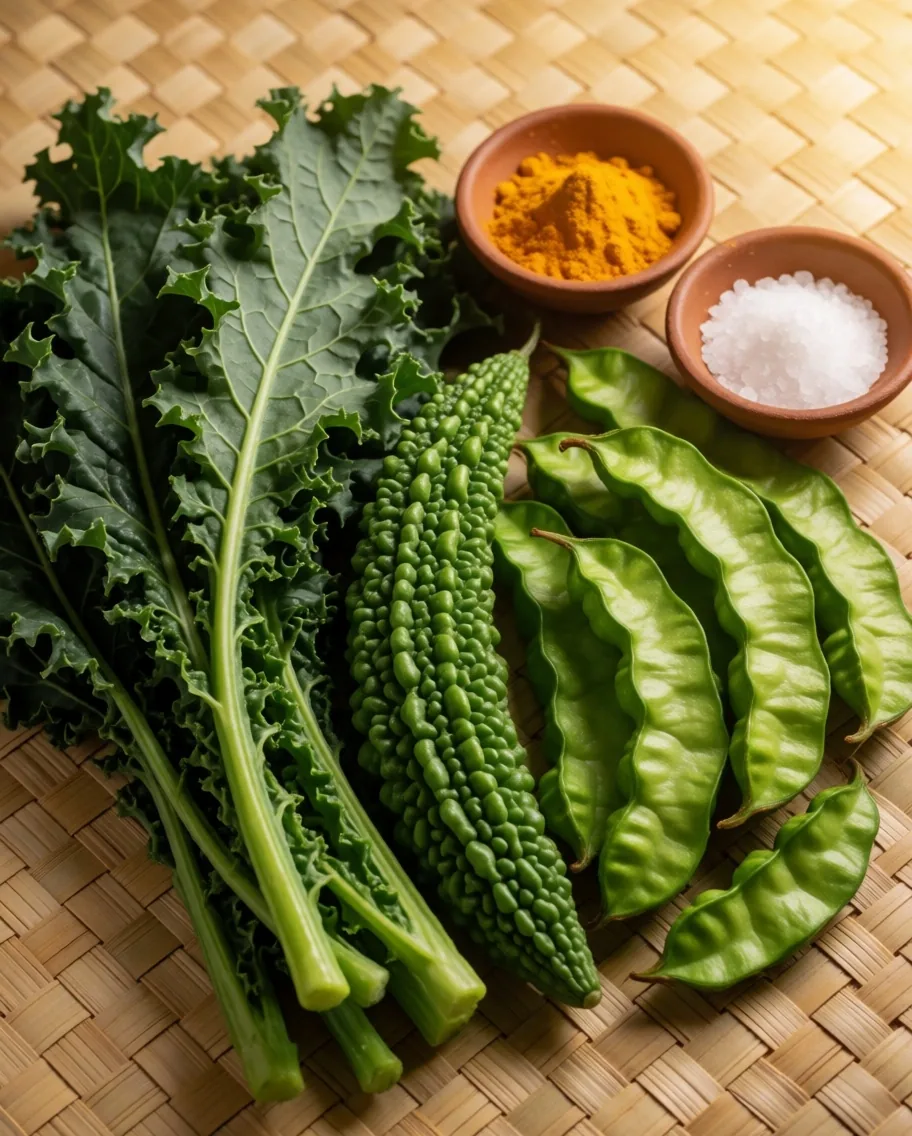 Fresh Indonesian vegetables and leafy greens on a woven pandan mat with rice and spices
