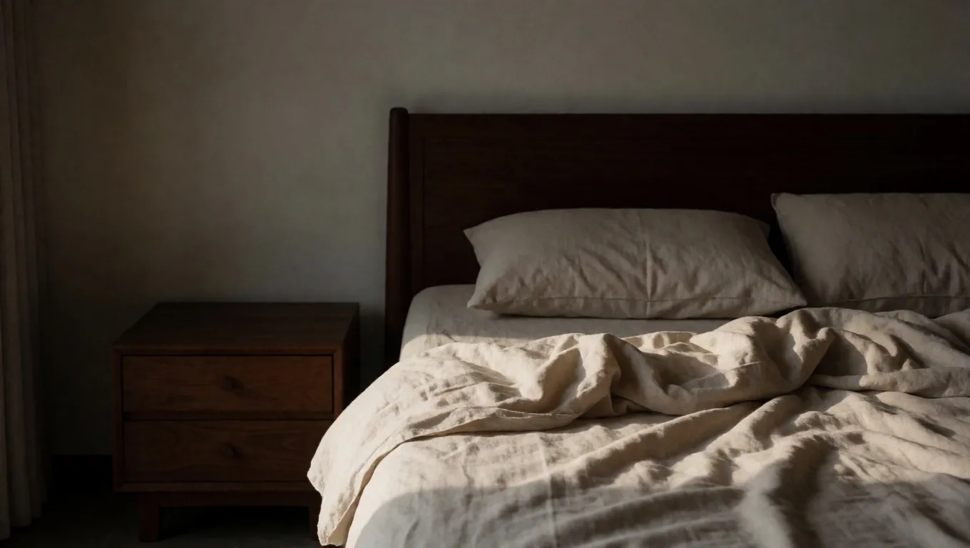 Soft pre-dawn light through a window over a bed with natural linen sheets and a warm lamp