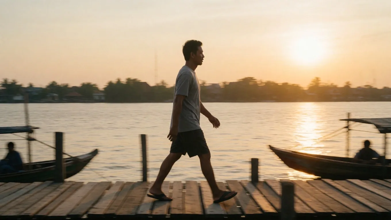 Active man walking along a riverside path in Banjarmasin at golden hour