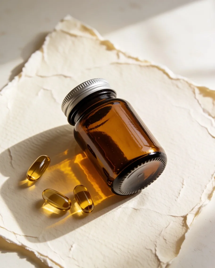 Amber glass supplement bottle on cream paper with scattered capsules