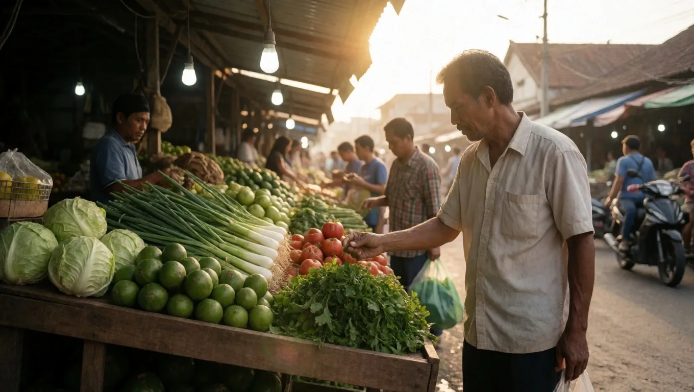 Banjarmasin street market scene at golden hour