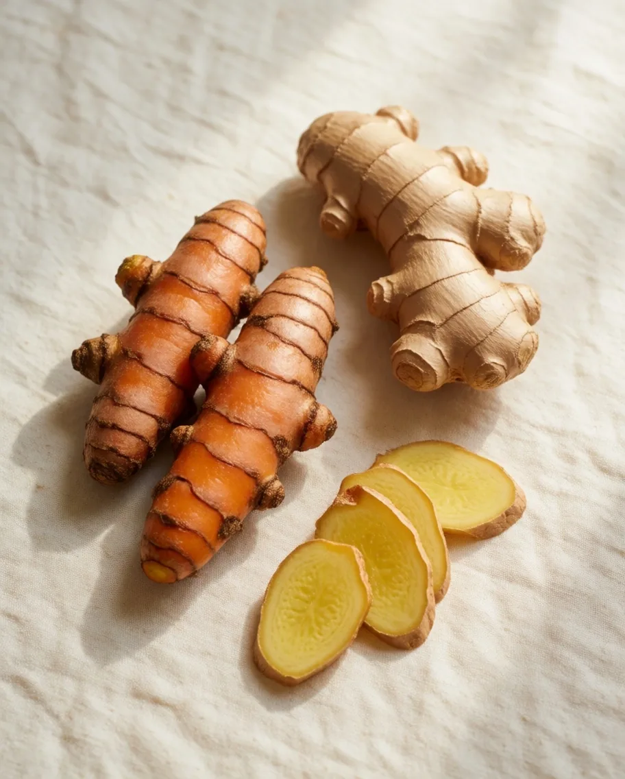 Botanical ingredients — ginger, turmeric, and ginseng on cream paper