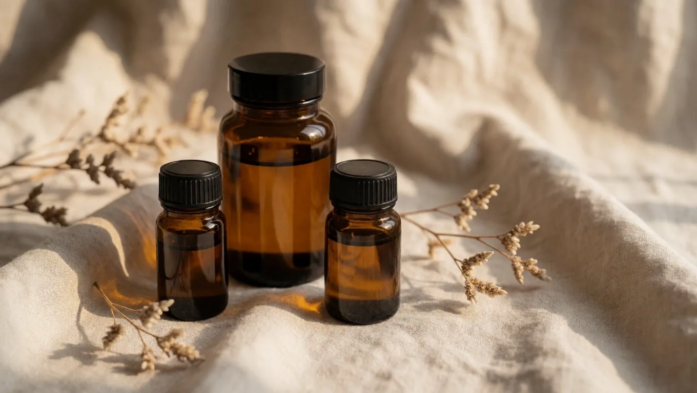 Natural supplement bottles on cream linen